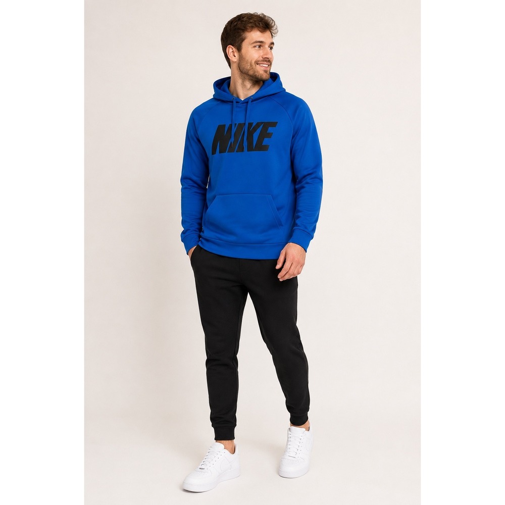 Nike Therma-FIT Men's Medium Blue Pullover Hoodie Black Logo Athletic